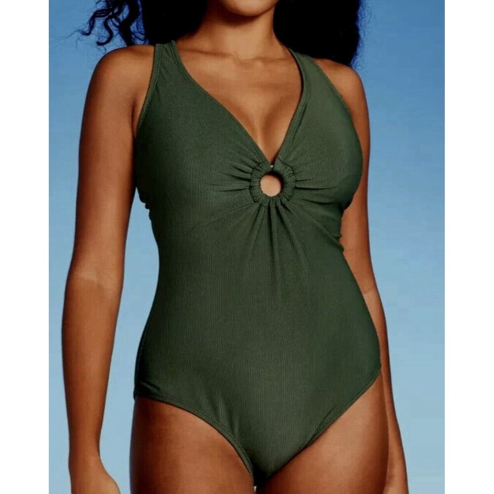 Dark Green Ribbed Plunge Ring Medium Coverage One Piece - Shade & Shore Size XS
